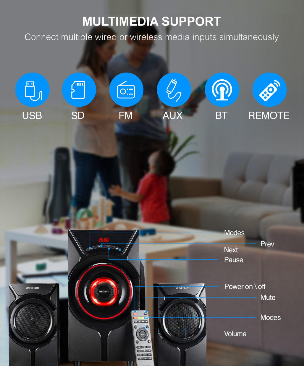 Astrum SM410 70W 2.1CH LED Light Multimedia Wireless Speaker